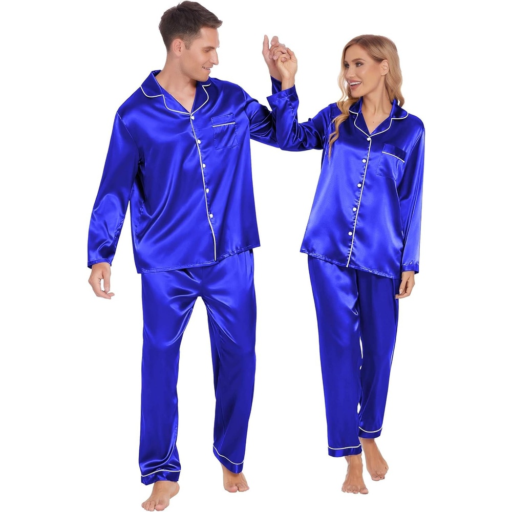 image:imageEkouaer Couples Matching Pajamas Silk Long Sleeve Sleepwear Satin Pjs SetRoyal Blue