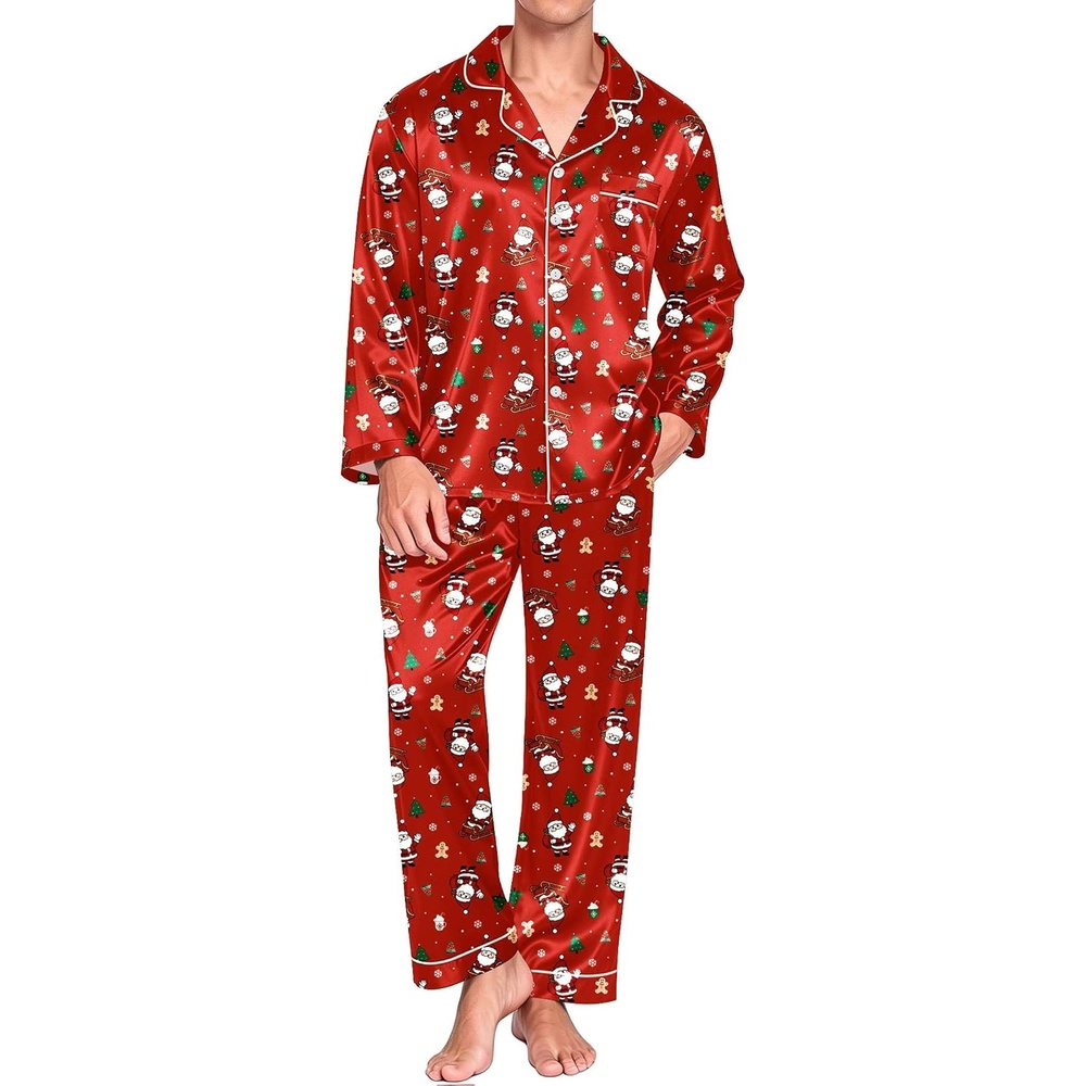 image:imageEkouaer Mens Pajamas Set Silk Satin Sleepwear Long Sleeve Button Down PjsChristmas Red
