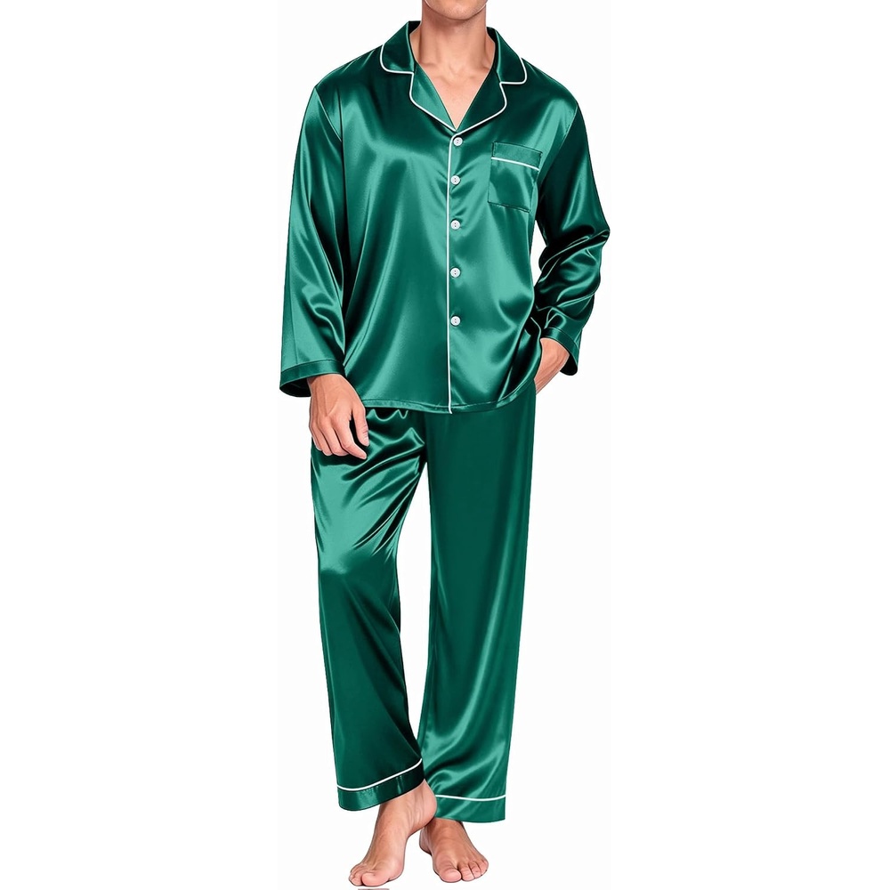 image:imageEkouaer Mens Pajamas Set Silk Satin Sleepwear Long Sleeve Button Down PjsGreen