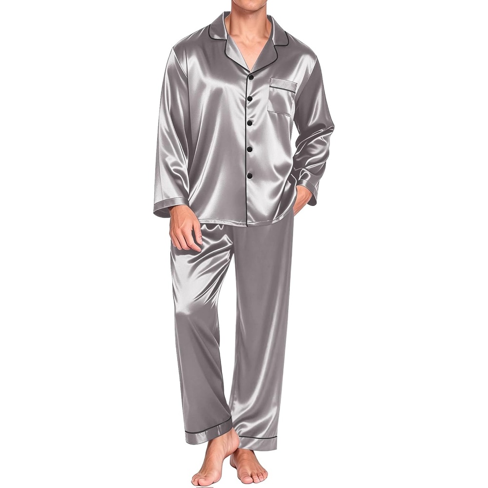 image:imageEkouaer Mens Pajamas Set Silk Satin Sleepwear Long Sleeve Button Down PjsLight Grey