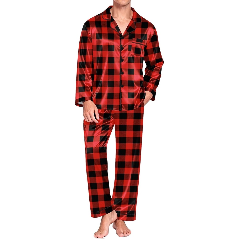 image:imageEkouaer Mens Pajamas Set Silk Satin Sleepwear Long Sleeve Button Down PjsPlaid Black Red