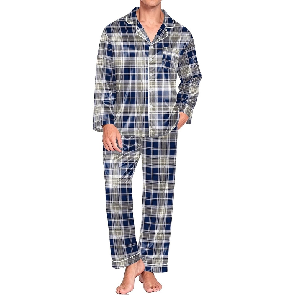 image:imageEkouaer Mens Pajamas Set Silk Satin Sleepwear Long Sleeve Button Down PjsPlaid Navy Grey