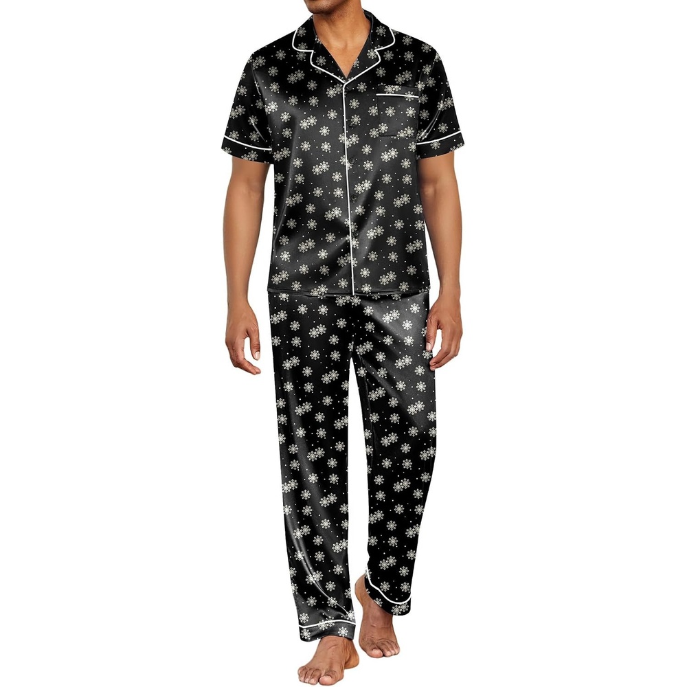 image:imageEkouaer Mens Satin Pajama Set Short Sleeve Button Down Sleepwear with PantBlack Star