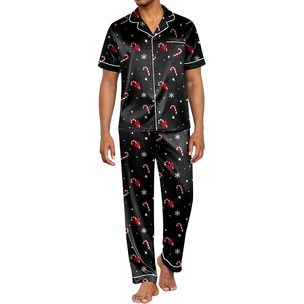 image:imageEkouaer Mens Satin Pajama Set Short Sleeve Button Down Sleepwear with PantChristmas Black