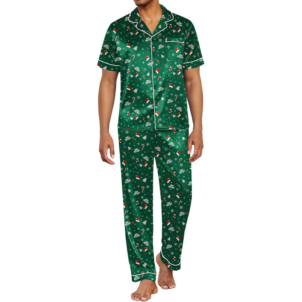 image:imageEkouaer Mens Satin Pajama Set Short Sleeve Button Down Sleepwear with PantChristmas Green