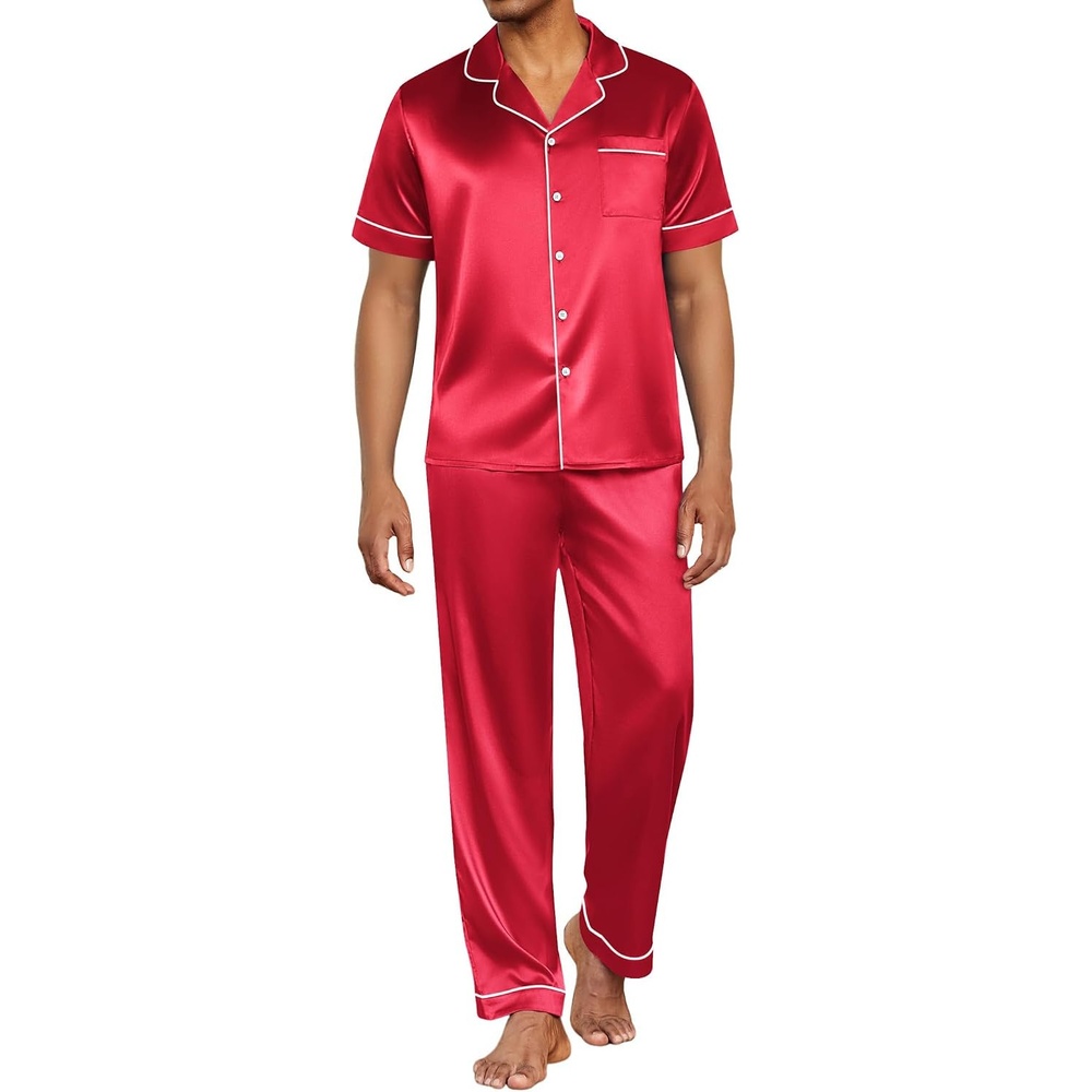 image:imageEkouaer Mens Satin Pajama Set Short Sleeve Button Down Sleepwear with PantTrue Red