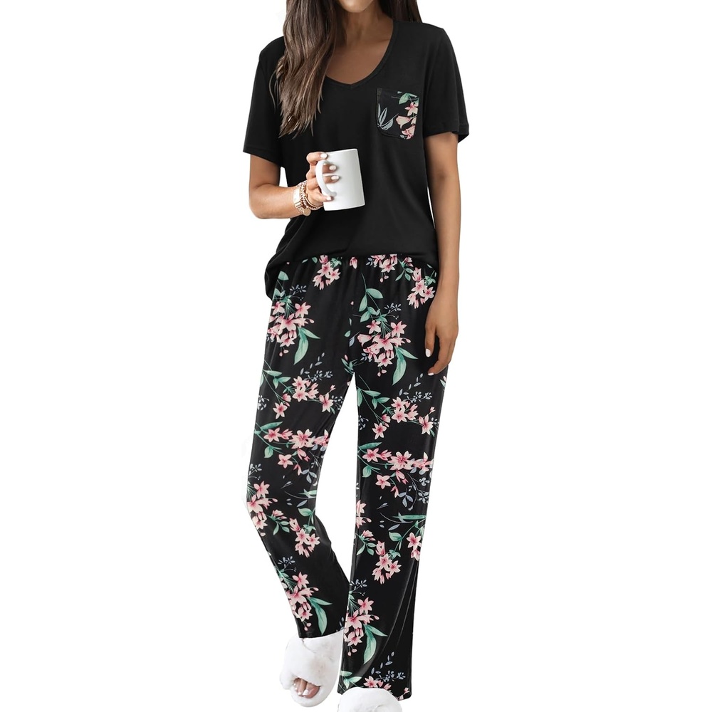 image:imageEkouaer Pajama Sets for Women 2 Piece Short Sleeve Pj V Neck Chest PocketBlackpink Floral