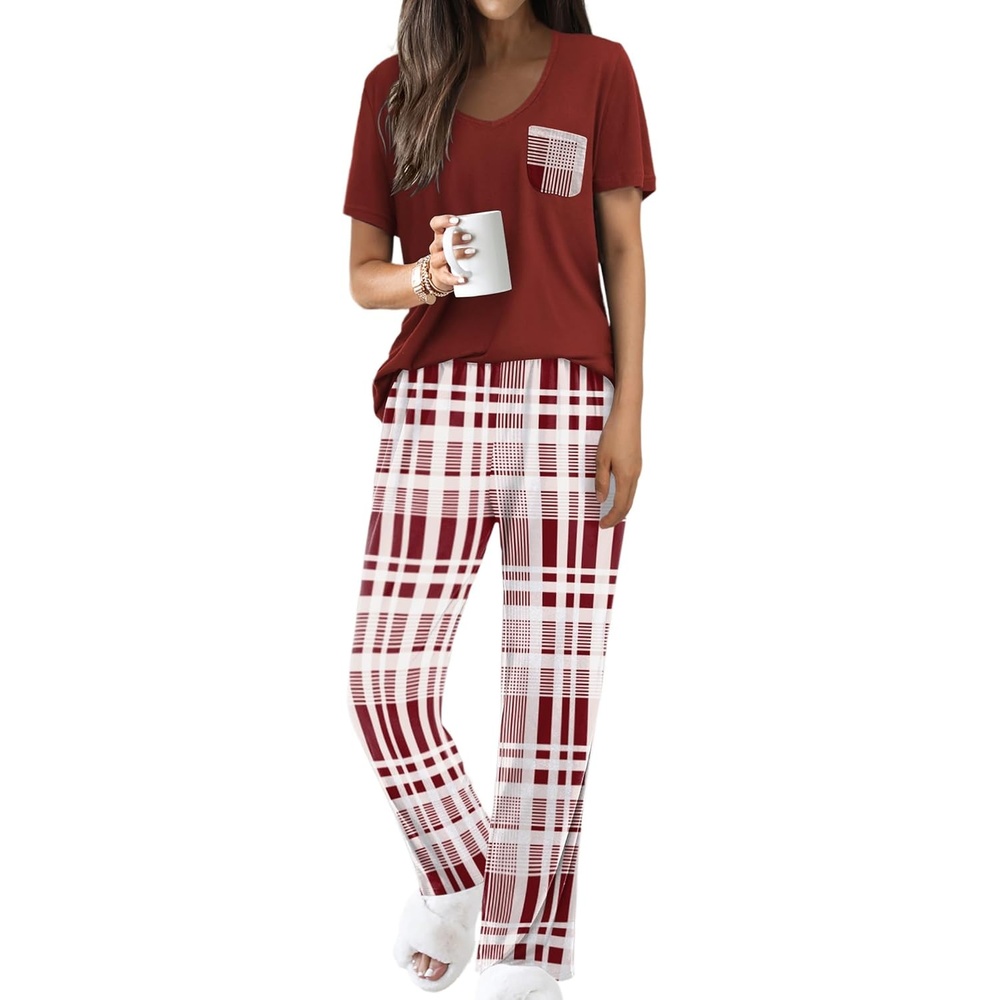 image:imageEkouaer Pajama Sets for Women 2 Piece Short Sleeve Pj V Neck Chest PocketWine Red Plaid