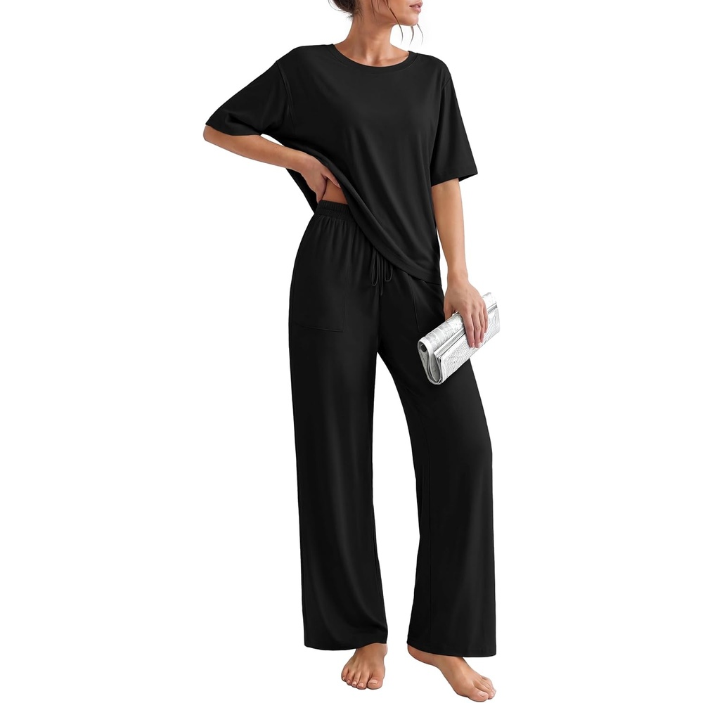 image:imageEkouaer Pajama Sets for Women 2 Piece Short Sleeve Top Straight Pants PjsBlack