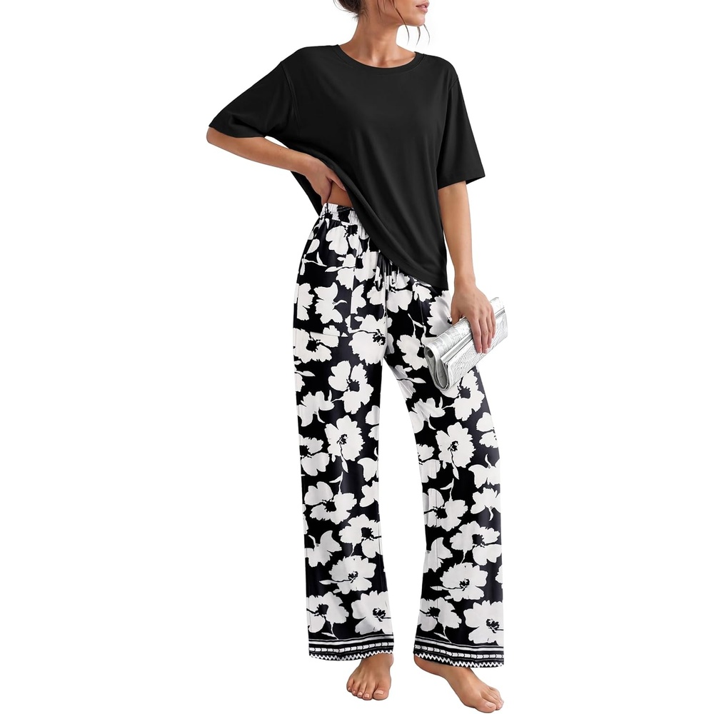 image:imageEkouaer Pajama Sets for Women 2 Piece Short Sleeve Top Straight Pants PjsBlack White Flowers
