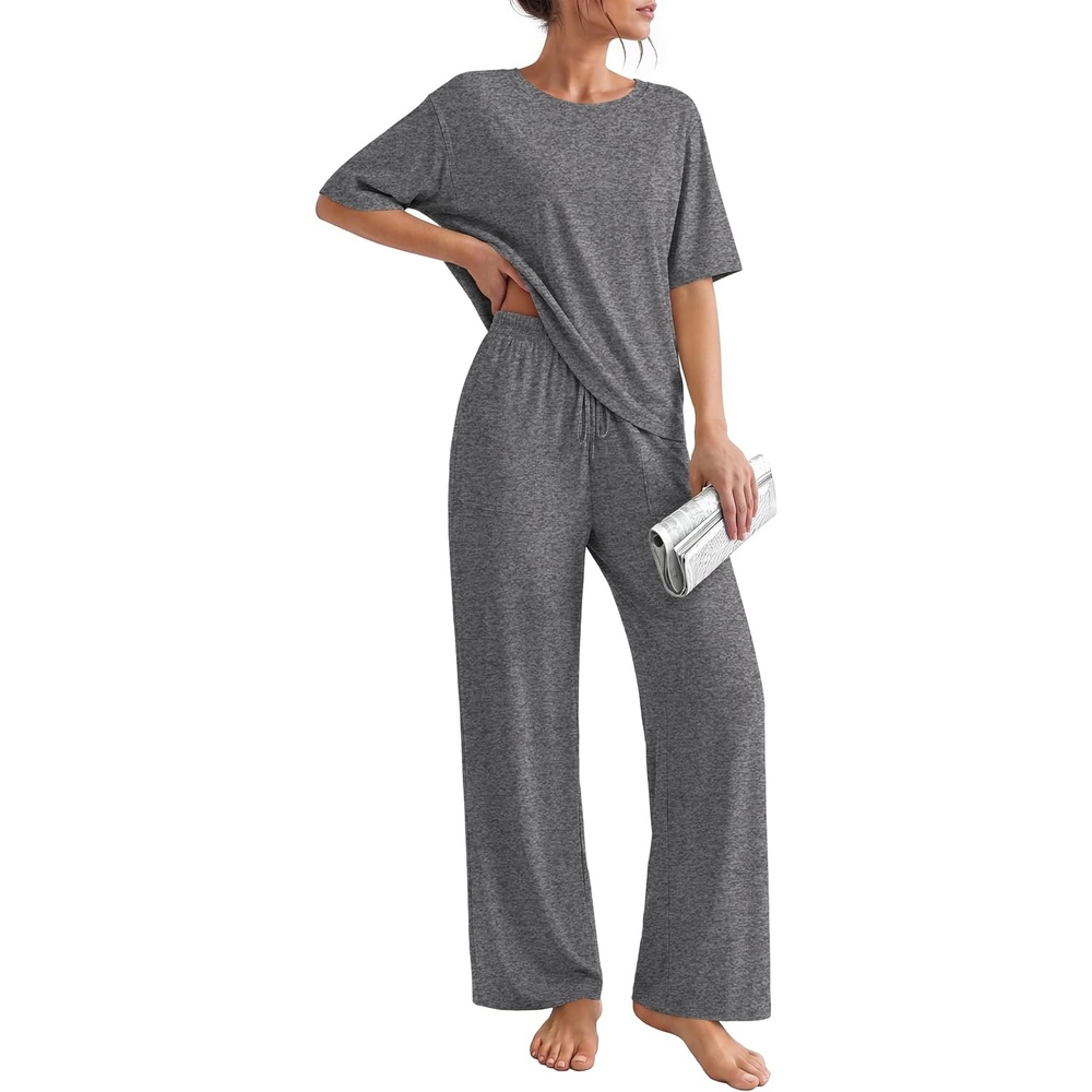 image:imageEkouaer Pajama Sets for Women 2 Piece Short Sleeve Top Straight Pants PjsDark Grey