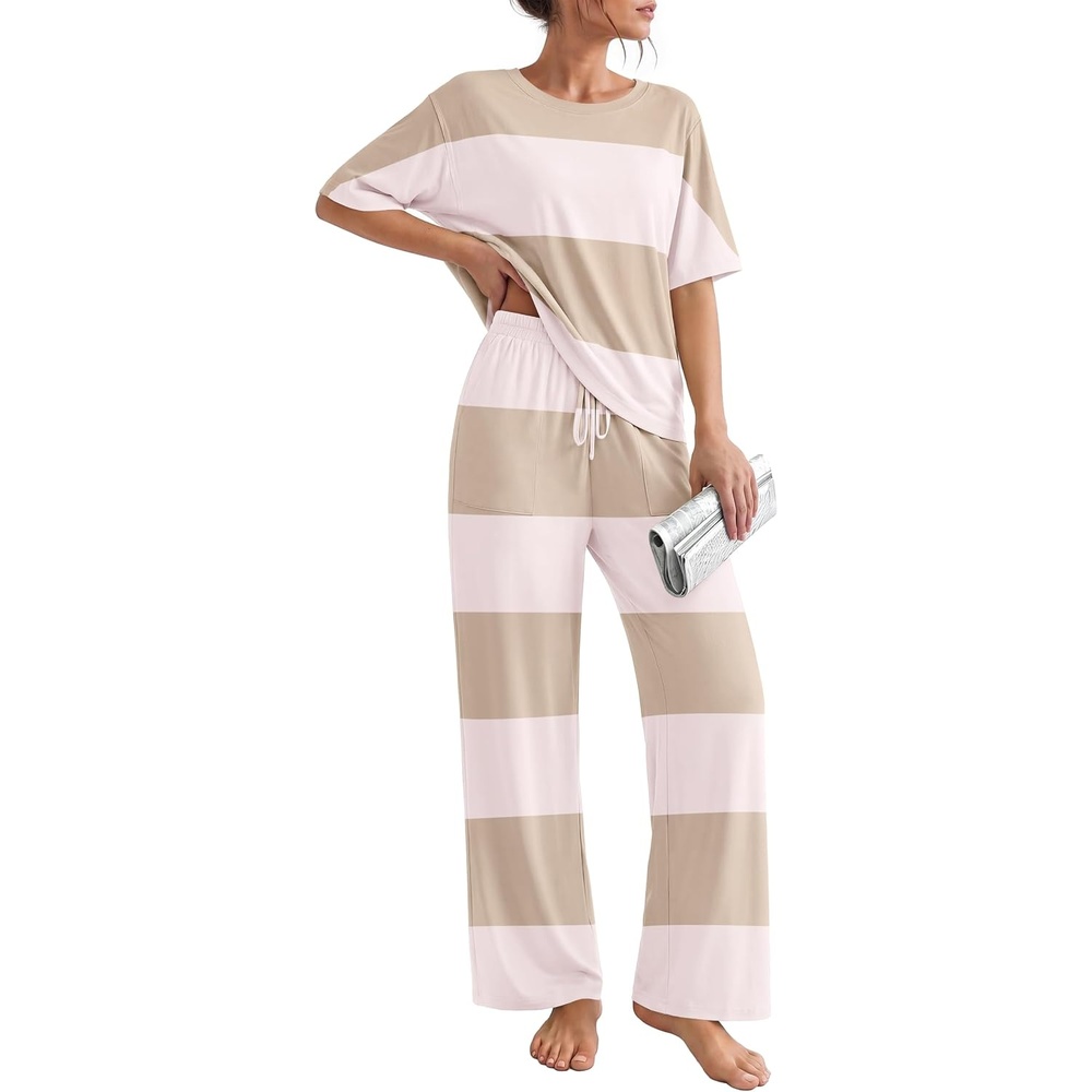image:imageEkouaer Pajama Sets for Women 2 Piece Short Sleeve Top Straight Pants PjsKhaki Apricot Stripes