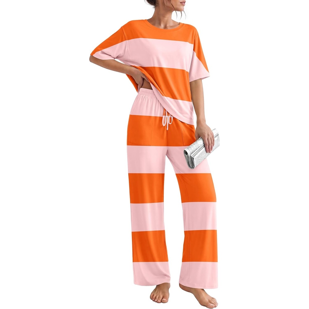 image:imageEkouaer Pajama Sets for Women 2 Piece Short Sleeve Top Straight Pants PjsOrange Pink Stripes