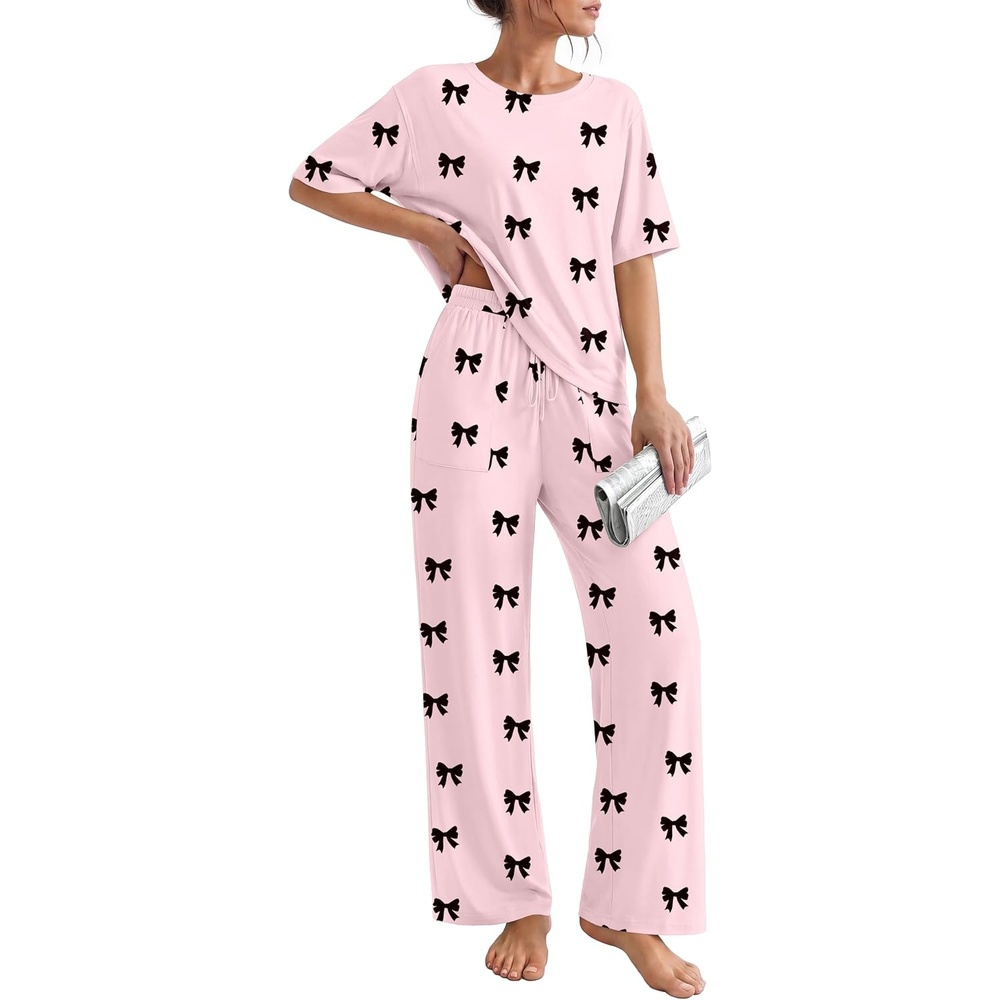 image:imageEkouaer Pajama Sets for Women 2 Piece Short Sleeve Top Straight Pants PjsPink Bows