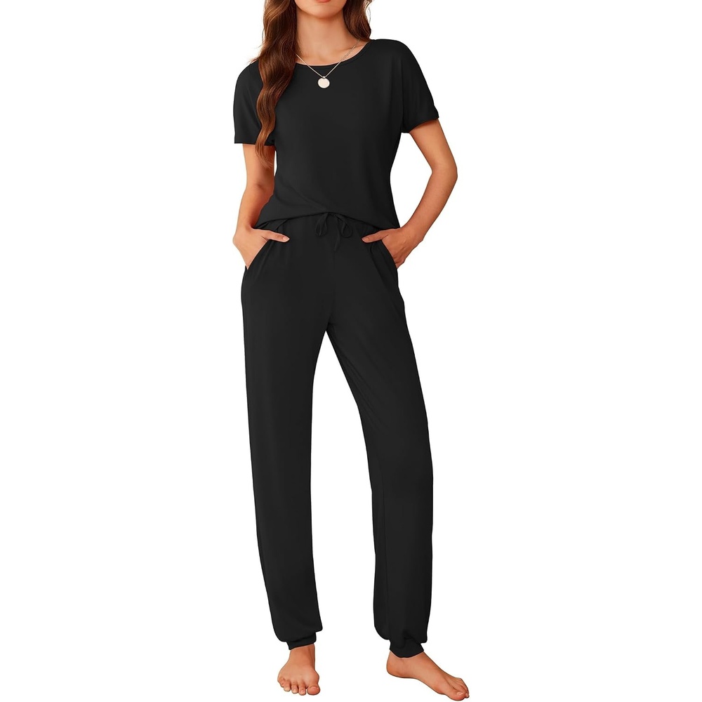 image:imageEkouaer Pajamas for Womens Set Soft 2 Piece Loungewear with Jogger PantsBlack