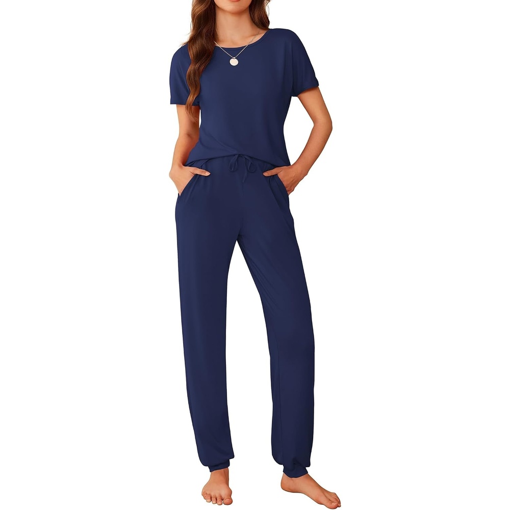 image:imageEkouaer Pajamas for Womens Set Soft 2 Piece Loungewear with Jogger PantsNavy Blue