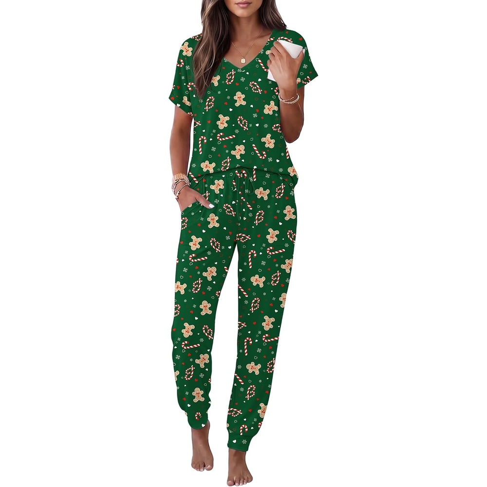 image:imageEkouaer Womens Pajama Sets 2 Piece Lounge Set Short Sleeve Jogger Pants PjsGreen Xmas