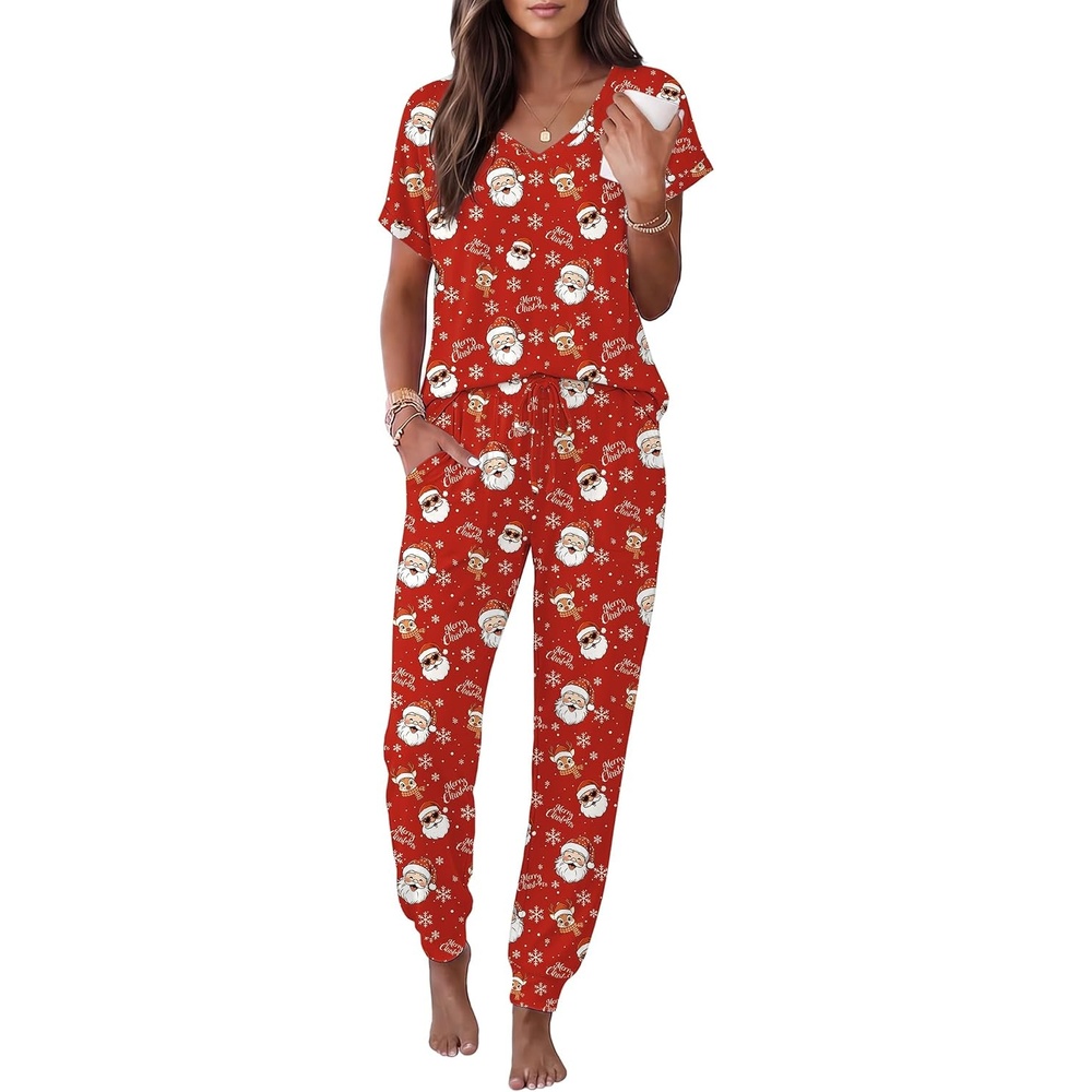 image:imageEkouaer Womens Pajama Sets 2 Piece Lounge Set Short Sleeve Jogger Pants PjsRed Xmas