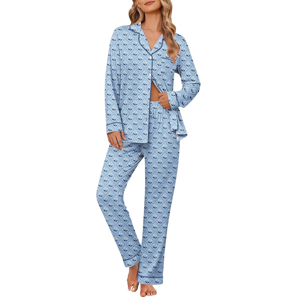 image:imageEkouaer Womens Pajama Sets Button Down Long Sleeve Top amp Pants Sleep setsBlue Floral