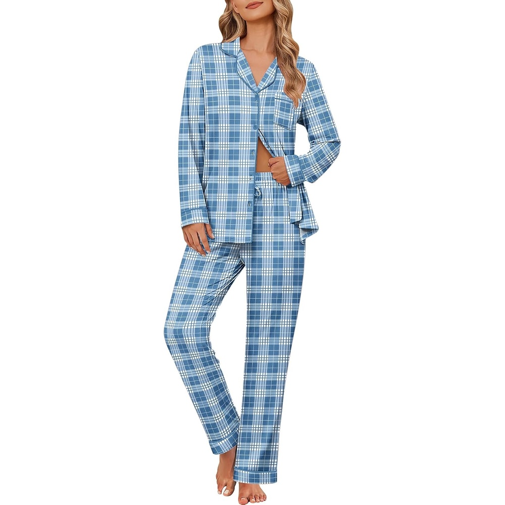 image:imageEkouaer Womens Pajama Sets Button Down Long Sleeve Top amp Pants Sleep setsBlue Plaid