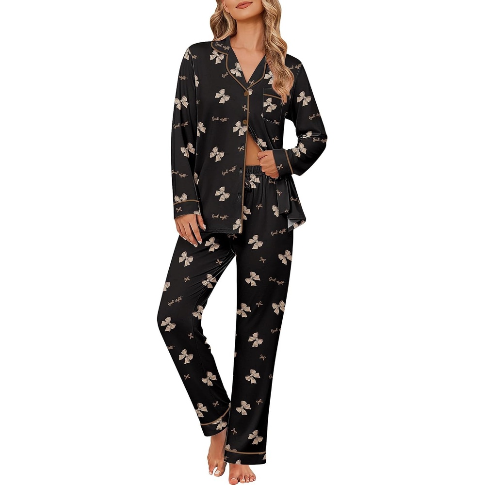 image:imageEkouaer Womens Pajama Sets Button Down Long Sleeve Top amp Pants Sleep setsBows Black