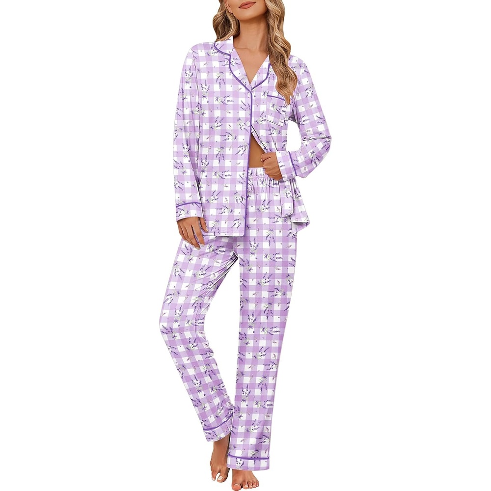 image:imageEkouaer Womens Pajama Sets Button Down Long Sleeve Top amp Pants Sleep setsLavender Plaid