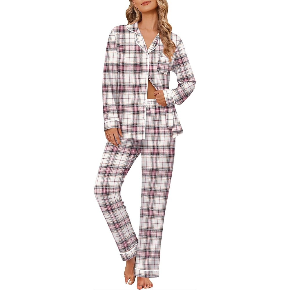 image:imageEkouaer Womens Pajama Sets Button Down Long Sleeve Top amp Pants Sleep setsLight Pink Plaid