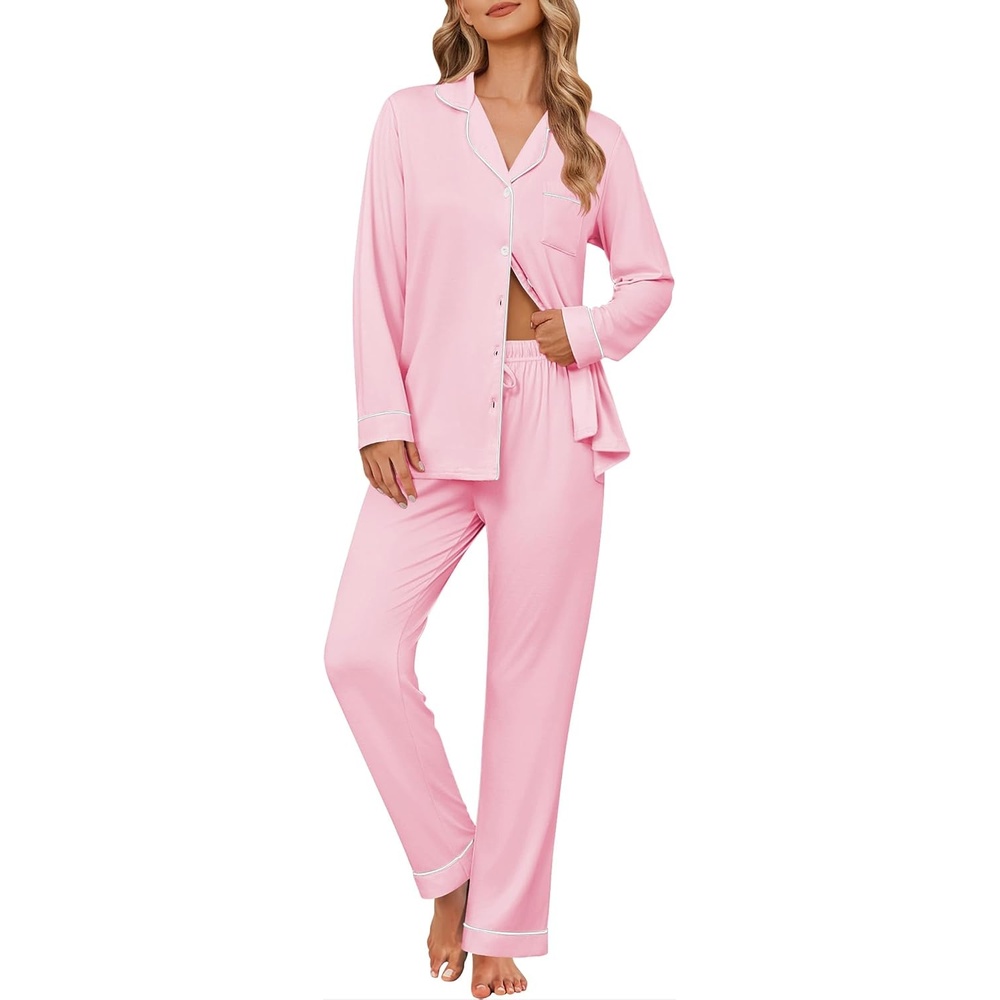 image:imageEkouaer Womens Pajama Sets Button Down Long Sleeve Top amp Pants Sleep setsPink