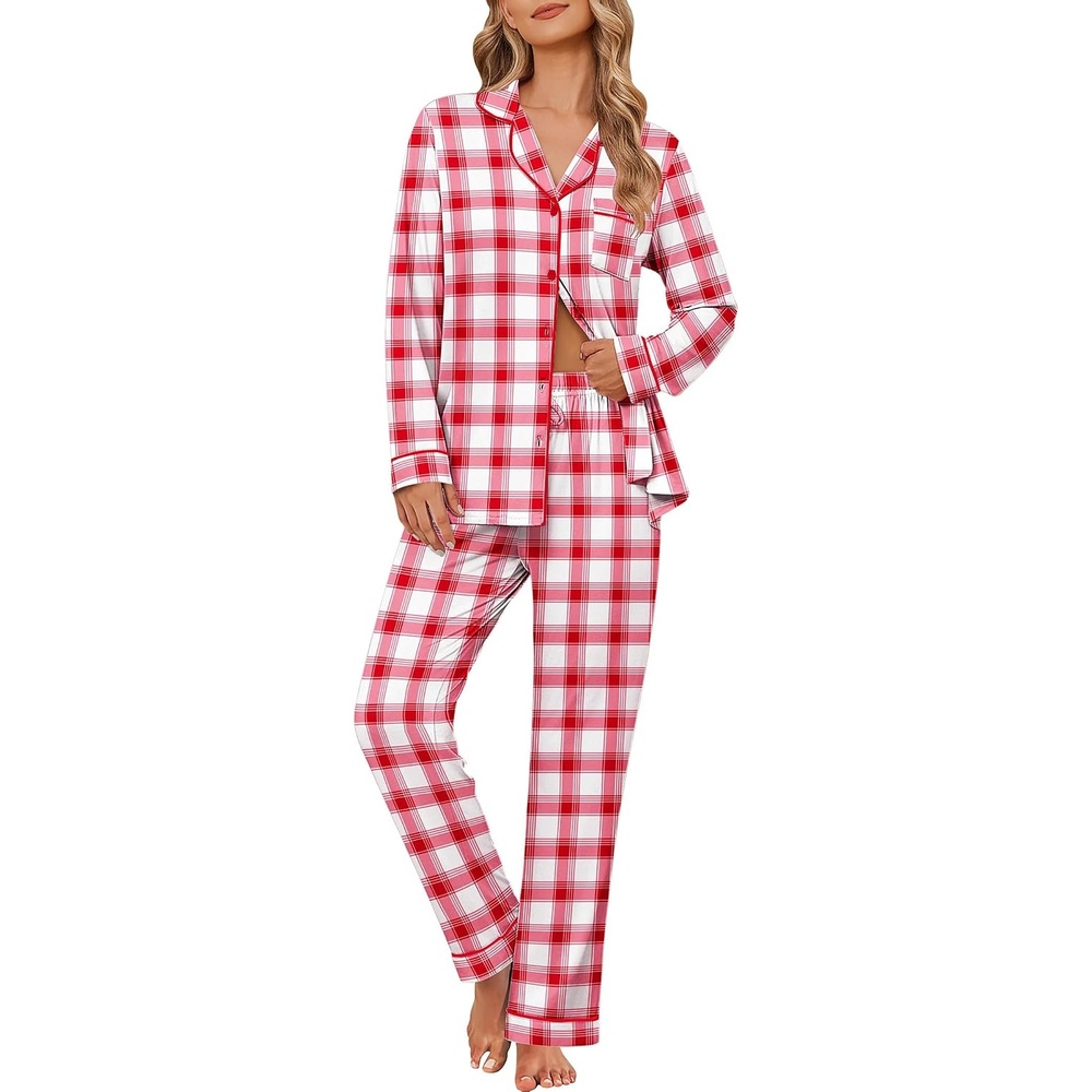 image:imageEkouaer Womens Pajama Sets Button Down Long Sleeve Top amp Pants Sleep setsRed White Plaid