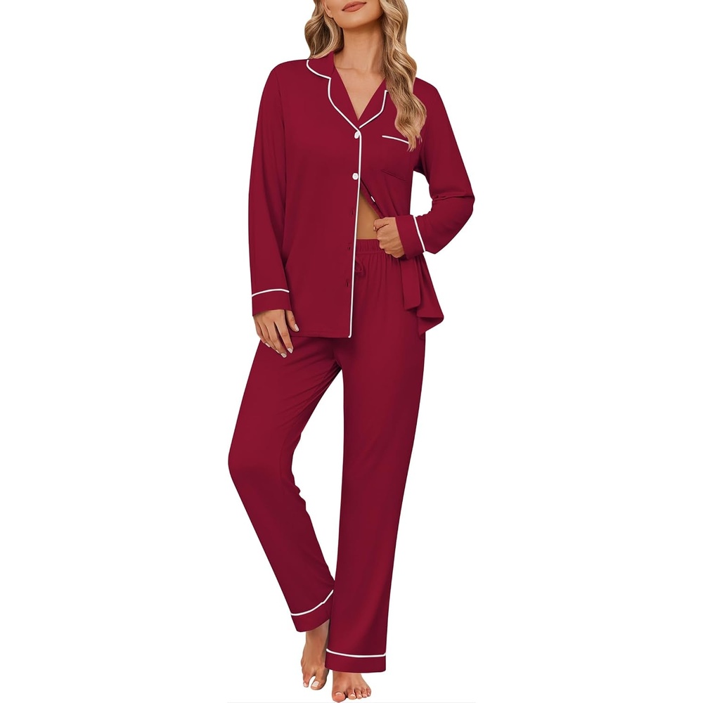 image:imageEkouaer Womens Pajama Sets Button Down Long Sleeve Top amp Pants Sleep setsWine Red