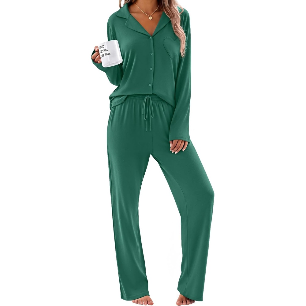 image:imageEkouaer Womens Pajama Sets Soft Long Sleeve Pjs Cute Button Down SleepwearBlue Green