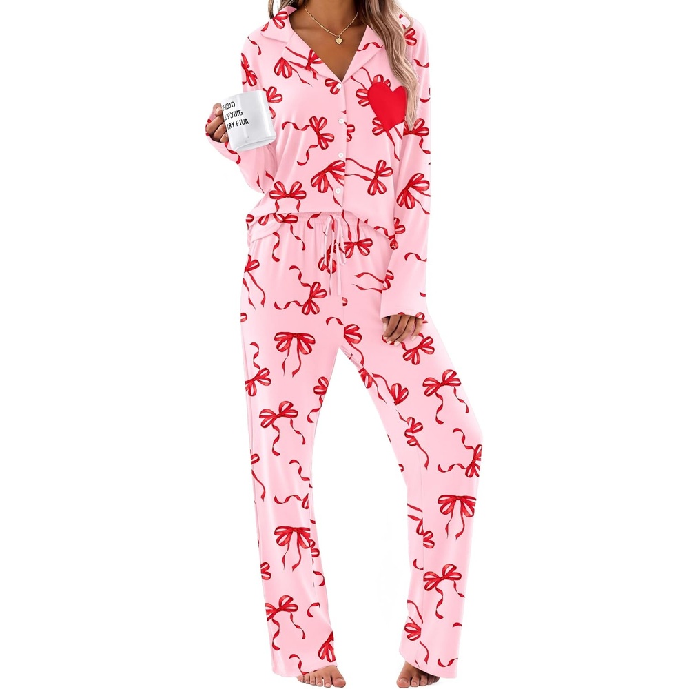 image:imageEkouaer Womens Pajama Sets Soft Long Sleeve Pjs Cute Button Down SleepwearBow Red