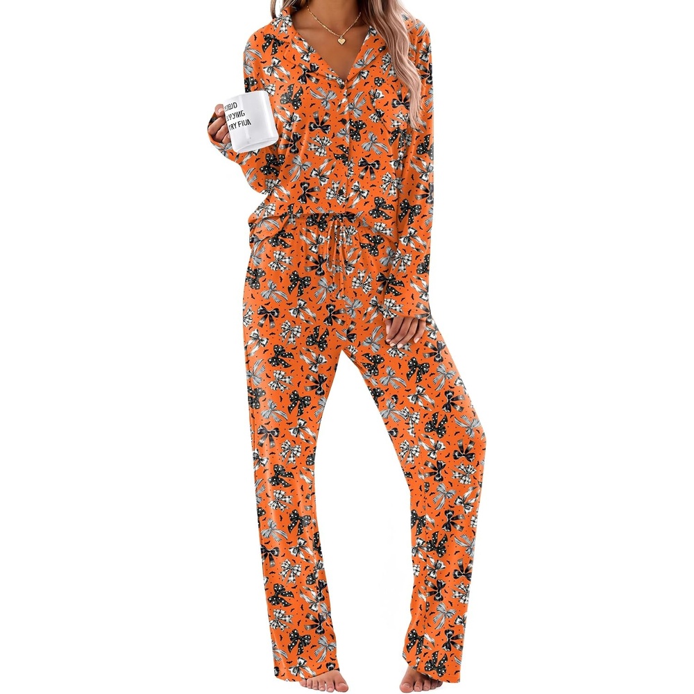 image:imageEkouaer Womens Pajama Sets Soft Long Sleeve Pjs Cute Button Down SleepwearHalloween Bow