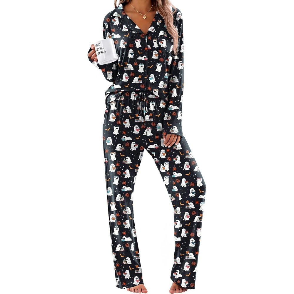 image:imageEkouaer Womens Pajama Sets Soft Long Sleeve Pjs Cute Button Down SleepwearHalloween Cute