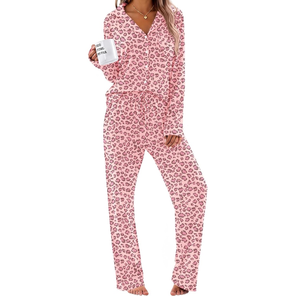 image:imageEkouaer Womens Pajama Sets Soft Long Sleeve Pjs Cute Button Down SleepwearLeopard Light Pink