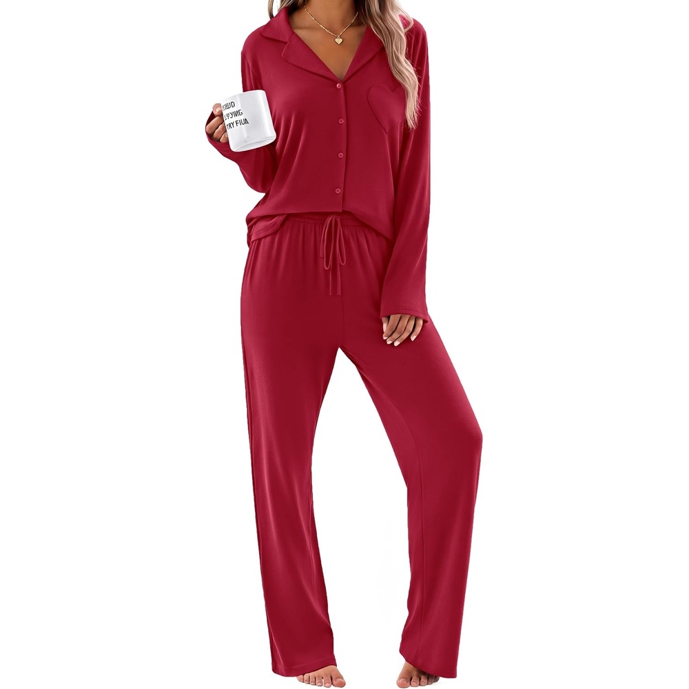 image:imageEkouaer Womens Pajama Sets Soft Long Sleeve Pjs Cute Button Down SleepwearWine Red