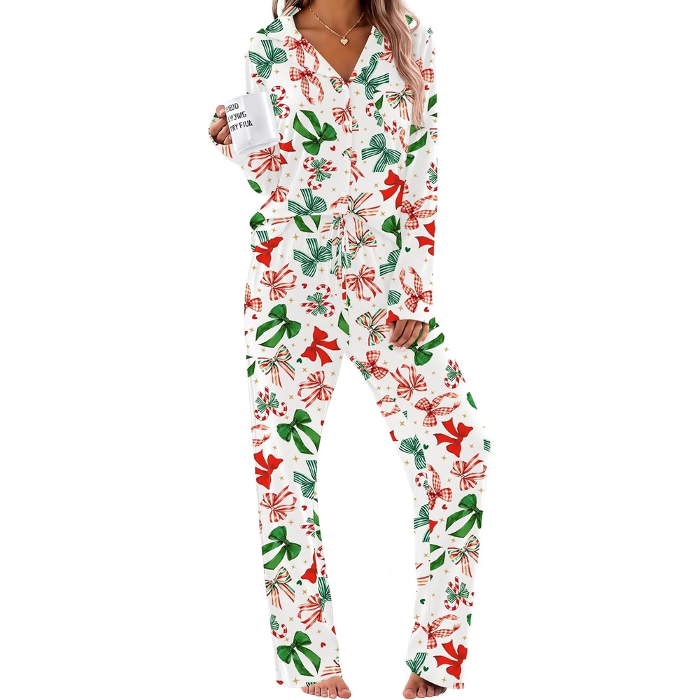 image:imageEkouaer Womens Pajama Sets Soft Long Sleeve Pjs Cute Button Down SleepwearXmas Bow
