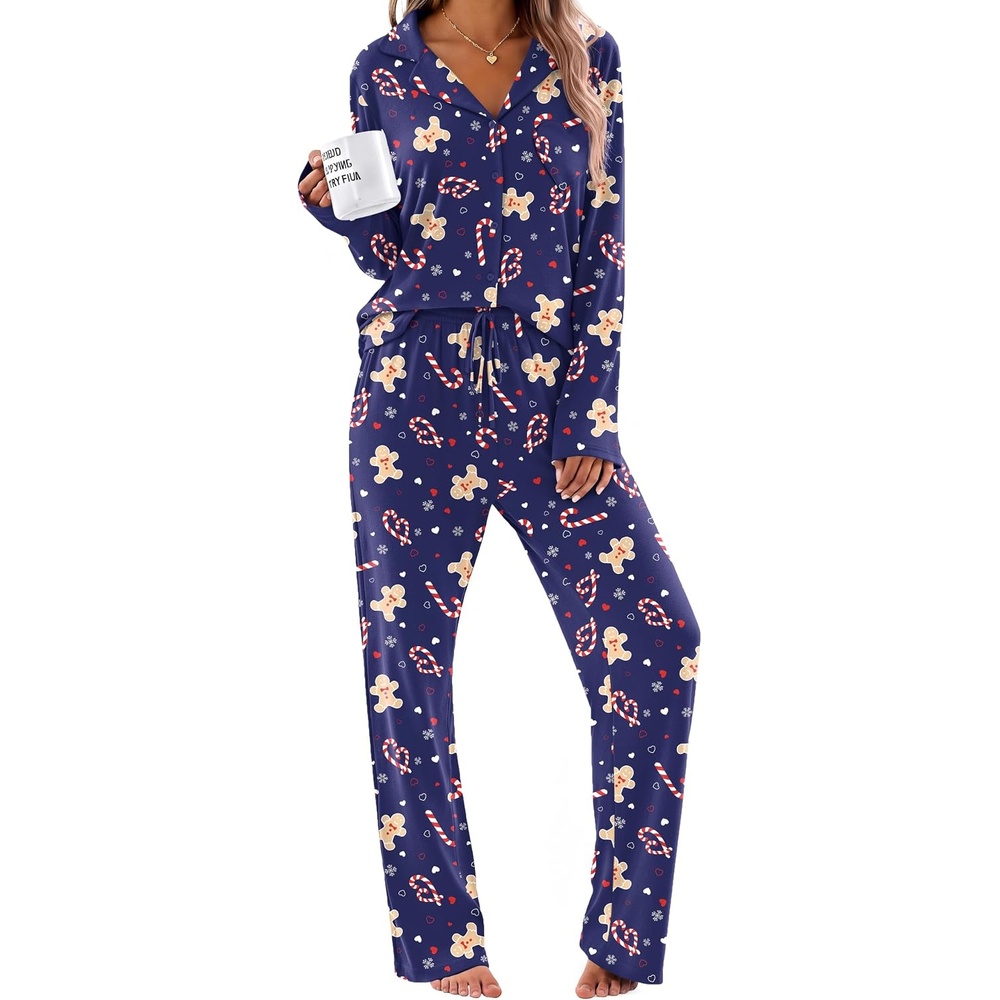 image:imageEkouaer Womens Pajama Sets Soft Long Sleeve Pjs Cute Button Down SleepwearXmas Navy Blue
