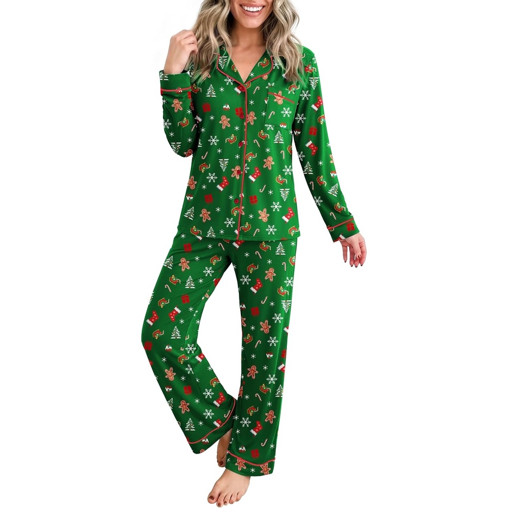 image:imageEkouaer Womens Pajamas Set Button Up Pjs Sleepwear Lounge SetsGingerbread Man