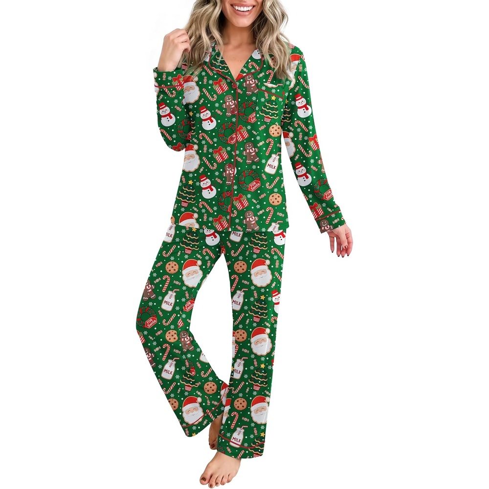 image:imageEkouaer Womens Pajamas Set Button Up Pjs Sleepwear Lounge SetsGreen Santa Claus