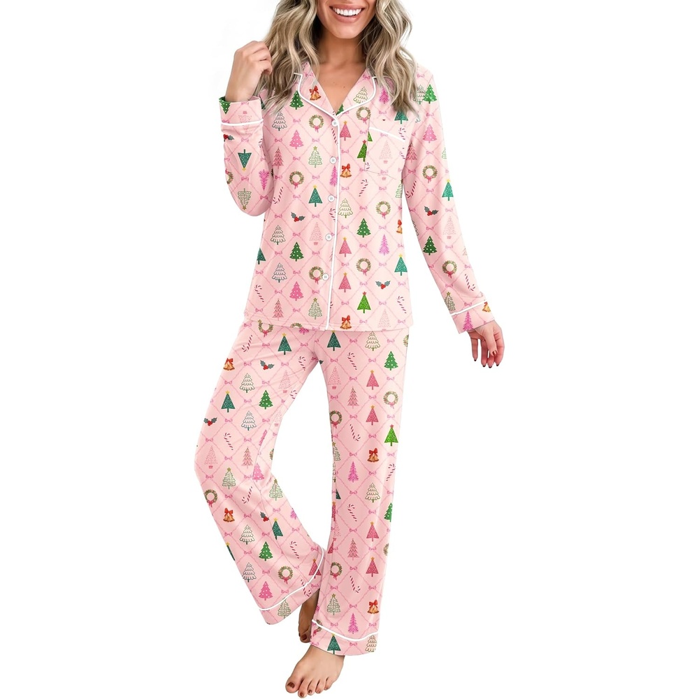 image:imageEkouaer Womens Pajamas Set Button Up Pjs Sleepwear Lounge SetsPink Christmas Tree