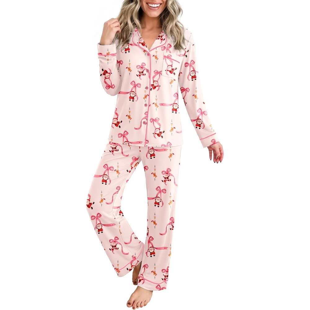 image:imageEkouaer Womens Pajamas Set Button Up Pjs Sleepwear Lounge SetsPink Santa Claus