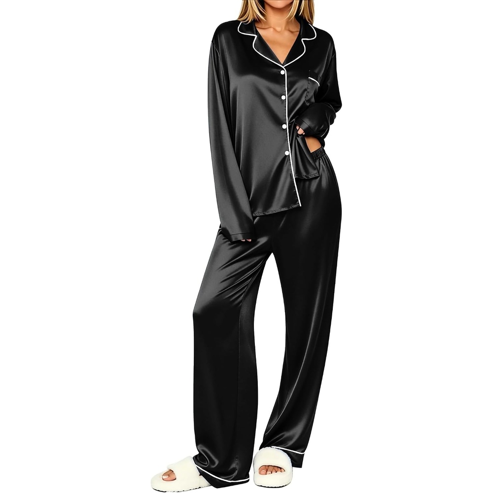 image:imageEkouaer Womens Pajamas Silk Satin Long Sleeve Button Down Pjs Lounge SetBlack