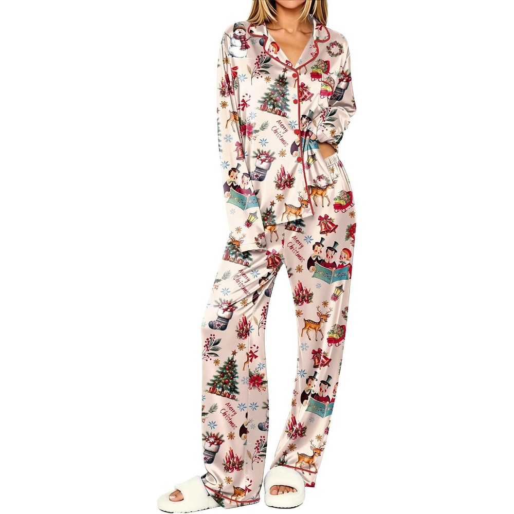 image:imageEkouaer Womens Pajamas Silk Satin Long Sleeve Button Down Pjs Lounge SetChristmas Champagne