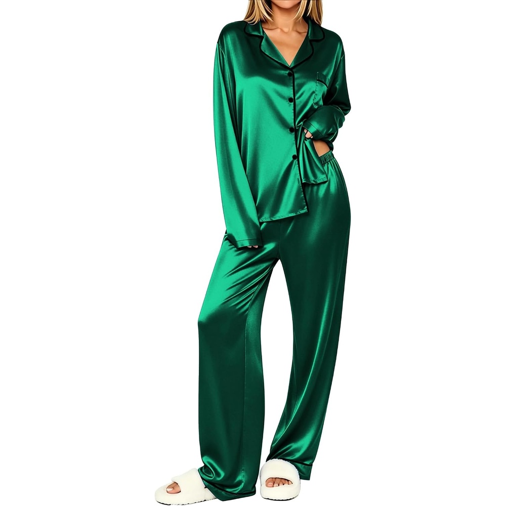 image:imageEkouaer Womens Pajamas Silk Satin Long Sleeve Button Down Pjs Lounge SetGreen