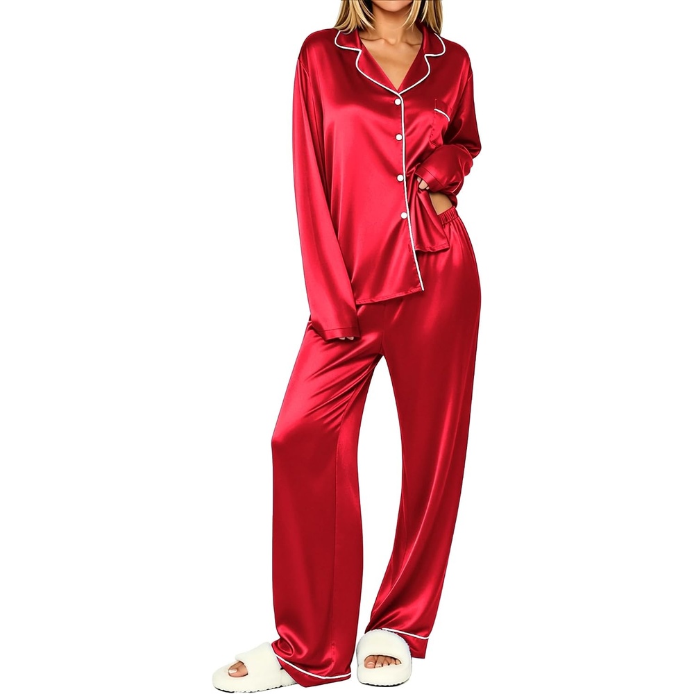 image:imageEkouaer Womens Pajamas Silk Satin Long Sleeve Button Down Pjs Lounge SetRed
