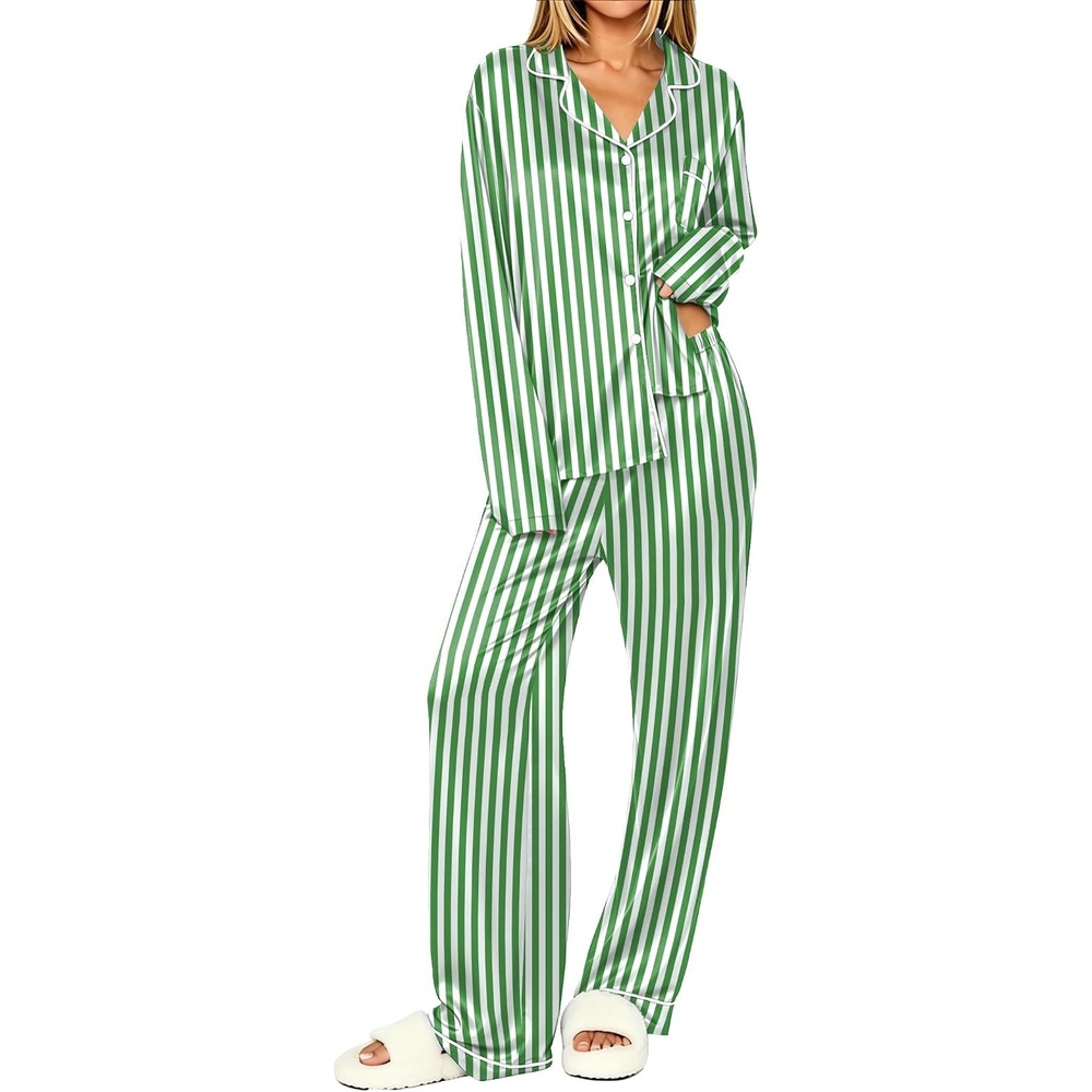 image:imageEkouaer Womens Pajamas Silk Satin Long Sleeve Button Down Pjs Lounge SetStripe Green