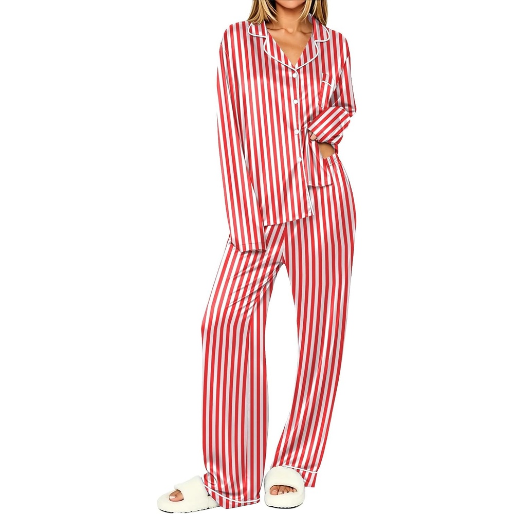 image:imageEkouaer Womens Pajamas Silk Satin Long Sleeve Button Down Pjs Lounge SetStripe Red White