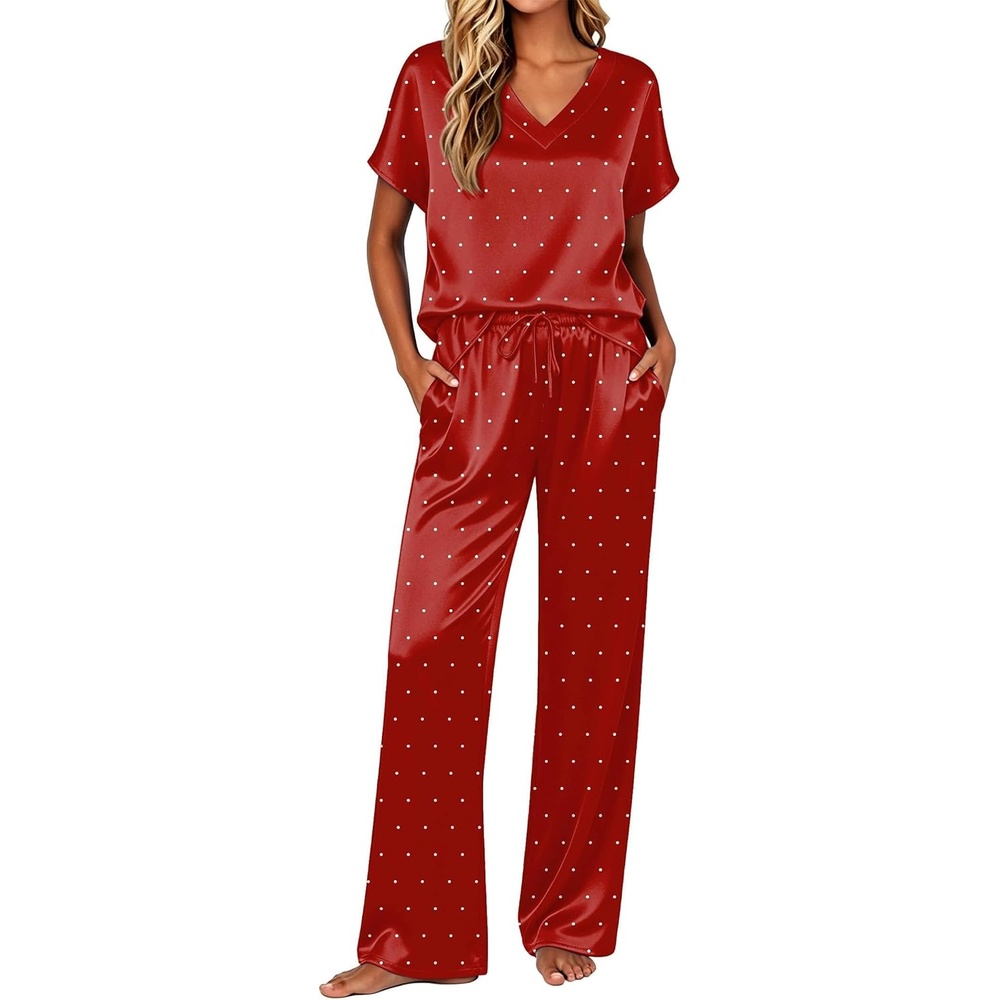 image:imageEkouaer Womens Silk Pajamas Set 2 Piece Satin Pjs Cap Sleeve LoungewearBlack Polka Dots