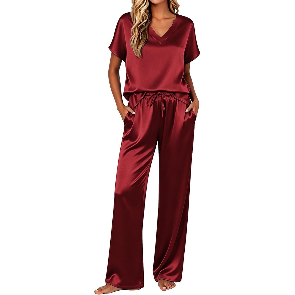 image:imageEkouaer Womens Silk Pajamas Set 2 Piece Satin Pjs Cap Sleeve LoungewearChristmas Red
